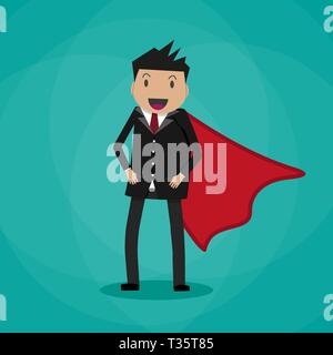 Cartoon happy businessman en costume avec cape rouge. La réussite de l'entreprise. vector illustration dans télévision design sur fond vert Illustration de Vecteur