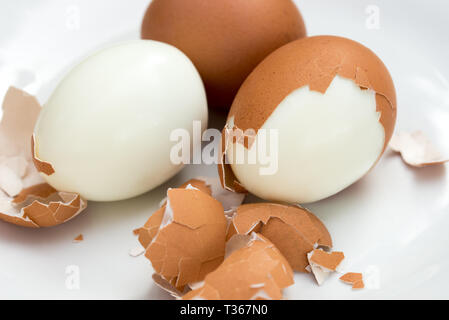 Des œufs à la coquille cassée sur la plaque avec macro Banque D'Images