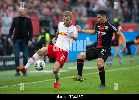 Leverkusen, Allemagne, 6 avril 2019, Bundesliga, Bayer Leverkusen 04 vs RB Leipzig : Konrad Laimer (Leipzig), Paulinho (B04) à la concurrence. Banque D'Images