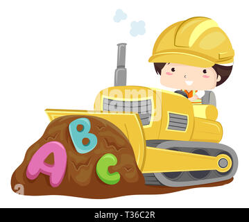 Illustration d'un enfant garçon portant un casque de construction jaune en poussant le sol avec ABC en utilisant un bulldozer Banque D'Images