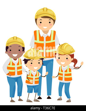 Illustration de Stickman Kids Ingénieur en construction avec le port du casque de sécurité jaune Gilet de sécurité et Banque D'Images