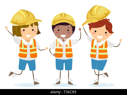 Illustration de Stickman Enfants portant des casques de construction jaune et le réflecteur Gilet de sécurité ou Banque D'Images