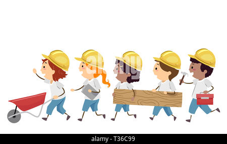 Illustration de Stickman Kids Wearing Hard Hat Construction jaune et une chemise blanche qui va de l'avant avec brouette, presse-papiers, bois et la Boîte à outils Banque D'Images