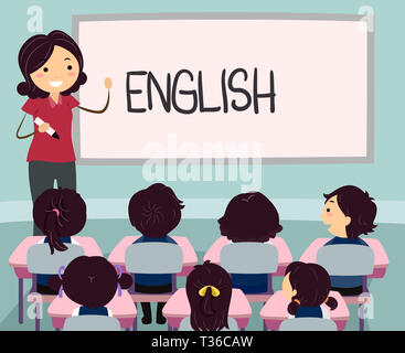 Illustration d'une fille asiatique enseignant l'enseignement de l'anglais à un groupe d'enfants dans la classe Banque D'Images