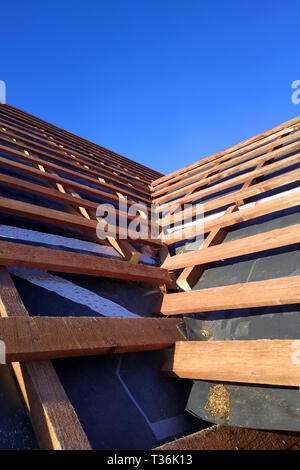 Préparation du toit toit avant l'installation des feuilles de metal 600x600 avec isolation, étanchéité à l'aide d'un film, de conseils et de bars 2019 Banque D'Images