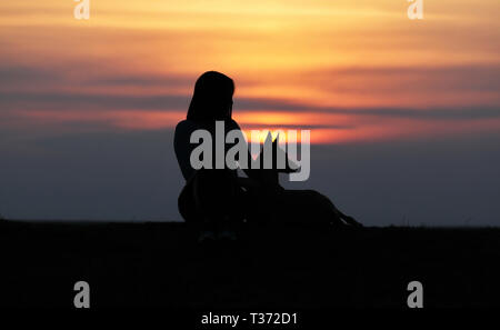 Silhouettes au coucher du soleil, girl and dog dans le contexte d'un incroyable coucher du soleil, Chien de Berger Belge Malinois, câlins Banque D'Images