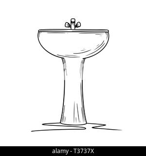 Lavabo en céramique sur un fond blanc. Cartoon lavabo avec robinet. Vector Illustration de Vecteur