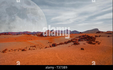 Planète Rouge avec paysage aride, des collines rocheuses et les montagnes, et un géant Mars-comme la lune à l'horizon, pour l'exploration de l'espace et la science fiction zone Banque D'Images