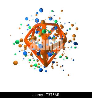 Illustration 3D réaliste de vol primitives. Formes sphériques en mouvement isolé sur fond blanc structure moléculaire unication câblé polygonale Banque D'Images