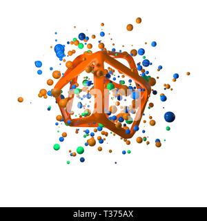 Illustration 3D réaliste de vol primitives. Formes sphériques en mouvement isolé sur fond blanc structure moléculaire unication câblé polygonale Banque D'Images