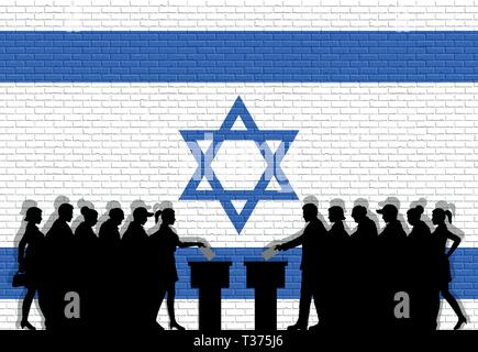 Les électeurs israéliens foule silhouette en élection avec Israël graffiti drapeau en face de mur de briques. Tous les objets de la silhouette, icônes et arrière-plan dans Illustration de Vecteur