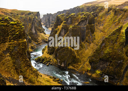 Fjaðrárgljúfur est un magnifique et immense canyon, à environ 100 mètres de profondeur et à environ deux kilomètres de long. Le canyon a les parois, et est quelque peu s Banque D'Images