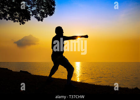 La pratique de maître d'arts martiaux Kung Fu sous le lever du soleil au bord de mer. L'horizontale Banque D'Images