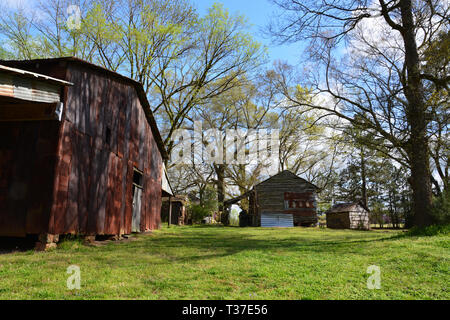 Rustic log cabins situé dans une zone boisée le long de la rivière Neuse Greenway à Raleigh en Caroline du Nord Banque D'Images