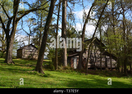 Rustic log cabins situé dans une zone boisée le long de la rivière Neuse Greenway à Raleigh en Caroline du Nord Banque D'Images