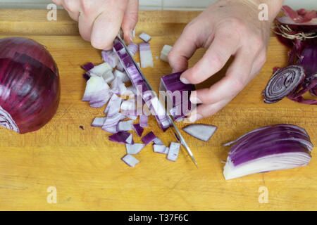 Close up portrait of female hands avec doigts s'enroulèrent dés oignons rouges tranchés et demi oignon non coupée. Banque D'Images