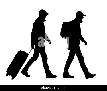 Silhouette réaliste de l'homme marche avec sac à dos et valise touristiques. Cap sur la tête. Isolé sur fond blanc - vector Illustration de Vecteur