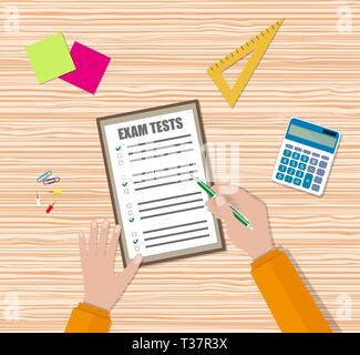 Par contre l'étudiant remplit quiz examen avec papier stylo vert, examen scolaire résultats d'essai. l'école en bois 24 avec les axes, Calculatrice. vector illustration en f Illustration de Vecteur