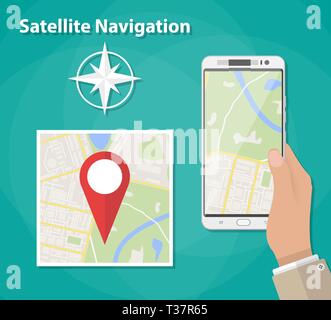 Mains courantes smartphone avec plan de ville sur l'écran du smartphone GPS Navigator. Concept de la navigation mobile. Carte de la ville avec la broche rouge. Vector illustration en télévision Illustration de Vecteur