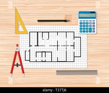 Projet d'architecture. La construction. La construction et de la planification. Bureau en bois ingénieur avec plan de bâtiment, diviseur compas, crayon, règles, Calculatrice. v Illustration de Vecteur