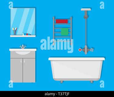 Salle de bains avec des meubles. D'un lavabo avec miroir, baignoire, sèche serviettes. vector illustration dans télévision style sur fond bleu Illustration de Vecteur