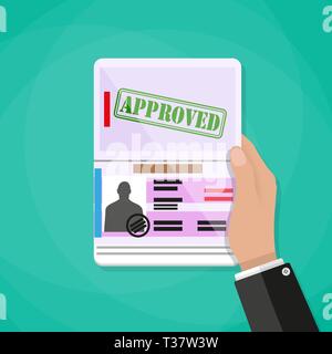 Main tenant avec une photo passeport international, timbres et visa. travel concept. vector illustration en télévision style sur fond vert Illustration de Vecteur