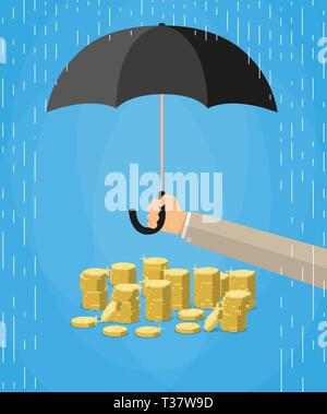 Main tenant parapluie sous la pluie pour protéger l'argent. l'argent, la protection de l'épargne financière concpet. vector illustration en télévision style sur fond bleu Illustration de Vecteur