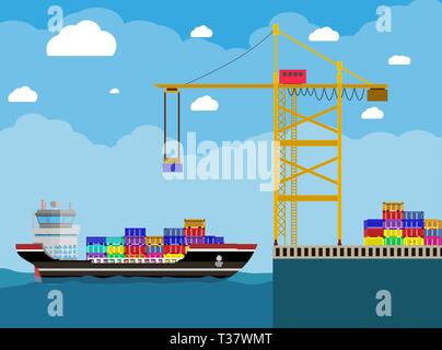 L'océan et sur la mer de la rivière frêt par l'eau. cargo et grue à conteneurs. Arrière-plan avec ciel bleu et nuages. vector illustration style de télévision Illustration de Vecteur