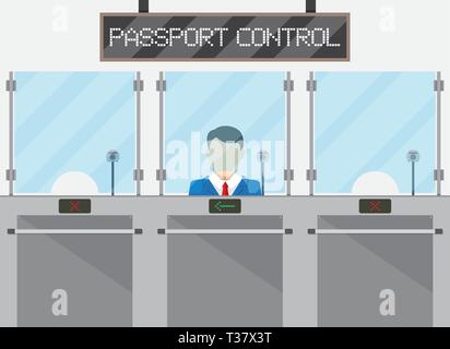 Concept de contrôle aux frontières, agent de l'immigration, l'appareil photo, le contrôle des passeports signe. vecctor illustration dans le style plate Illustration de Vecteur