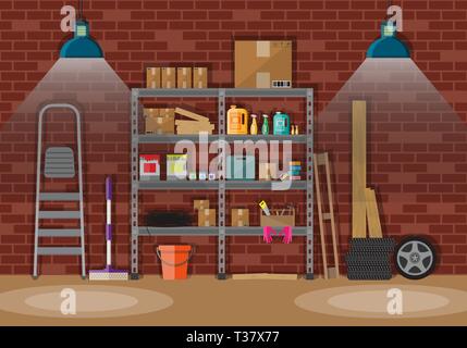 Intérieur de débarras avec étagères métalliques, stockage, boîtes, escalier, roues, accessoires de nettoyage. lumière lampe. mur de brique rouge. vector illustration en télévision Illustration de Vecteur