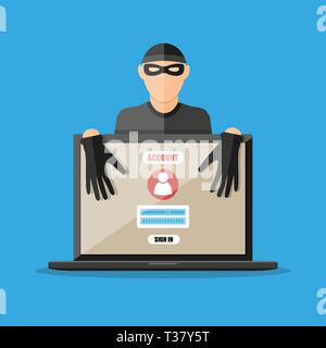 Hacker en voleur de mots de passe voler masque ordinateur portable. anti-phishing et les virus internet concept. vector illustration en télévision style sur fond bleu Illustration de Vecteur