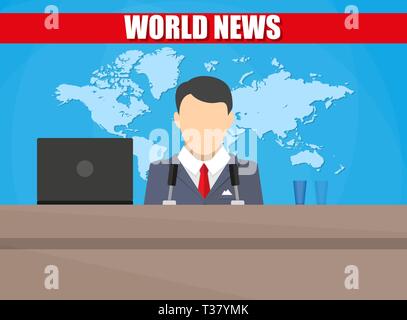 Silhouette d'un homme avec microphone, ordinateur portable, verre et carte du monde. News L'animateur en studio. breaking news. Vector illustration. vector illustratio Illustration de Vecteur