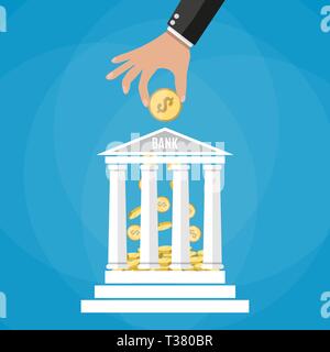 Pièce d'or en mettant la main bank building. Déposer de l'argent dans le compte bancaire. vector illustration dans télévision style sur fond bleu Illustration de Vecteur