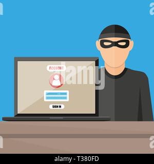 Hacker en voleur de mots de passe voler masque ordinateur portable. anti-phishing et les virus internet concept. vector illustration en télévision style sur fond bleu Illustration de Vecteur