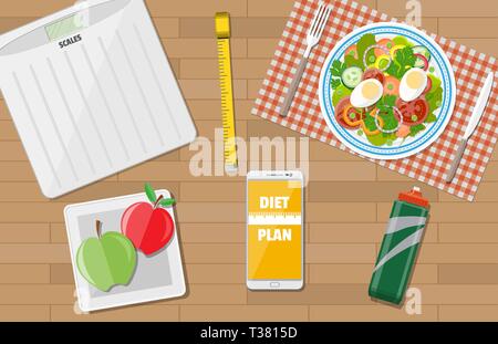 Bureau en bois avec la fin de salade, balances, pouce la roulette, phone app à l'alimentation, les sports d'eau, les pommes. perte de poids, régime alimentaire, mode de vie sain. vector illustrat Illustration de Vecteur