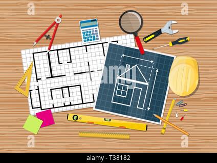 Espace de travail de l'ingénieur. plan. Le génie du dessin, l'esquisse de projet bâtiment. calculatrice règle clé casque niveau tournevis. vector illustration Illustration de Vecteur