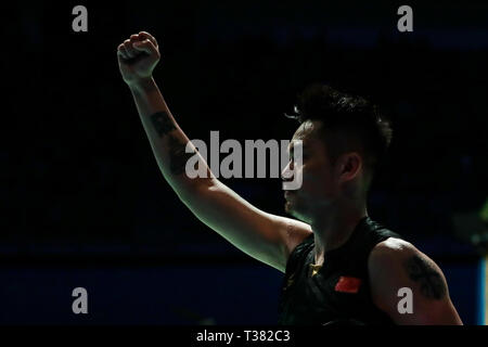 Kuala Lumpur, Malaisie. Apr 7, 2019. Lin Dan de Chine réagit au cours du dernier match du tournoi contre Chen long de la Chine à l'Open de Malaisie à Kuala Lumpur, Malaisie, le 7 avril 2019. Lin Dan a soutenu le titre 2-1. Credit : Zhu Wei/Xinhua/Alamy Live News Banque D'Images