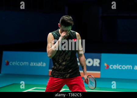 Kuala Lumpur, Malaisie. Apr 7, 2019. Lin Dan de Chine célèbre après le match de finale du tournoi contre Chen long de la Chine à l'Open de Malaisie à Kuala Lumpur, Malaisie, le 7 avril 2019. Lin Dan a soutenu le titre 2-1. Credit : Zhu Wei/Xinhua/Alamy Live News Banque D'Images