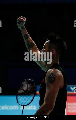 Kuala Lumpur, Malaisie. Apr 7, 2019. Lin Dan de Chine réagit au cours du dernier match du tournoi contre Chen long de la Chine à l'Open de Malaisie à Kuala Lumpur, Malaisie, le 7 avril 2019. Lin Dan a soutenu le titre 2-1. Credit : Zhu Wei/Xinhua/Alamy Live News Banque D'Images