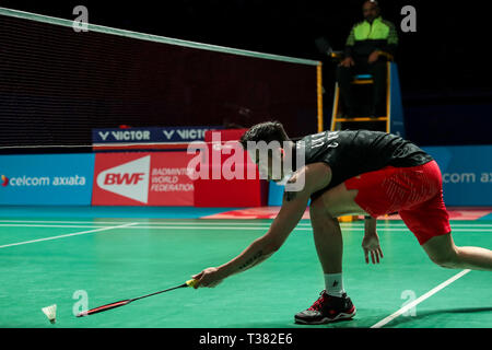 Kuala Lumpur, Malaisie. Apr 7, 2019. Lin Dan de la concurrence de la Chine au cours de la finale du tournoi contre Chen long de la Chine à l'Open de Malaisie à Kuala Lumpur, Malaisie, le 7 avril 2019. Lin Dan a soutenu le titre 2-1. Credit : Zhu Wei/Xinhua/Alamy Live News Banque D'Images