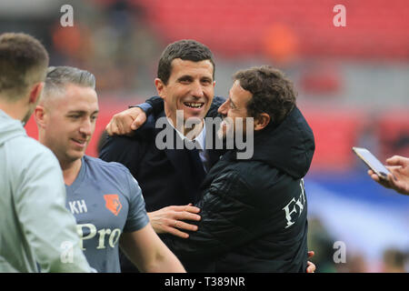 Londres, Royaume-Uni. Apr 7, 2019. Watford Manager Javi Gracia célèbre sa victoire après l'autre demi-finale de la FA Cup match entre Wolverhampton Wanderers et Watford au stade de Wembley, Londres, le dimanche 7 avril 2019. (Crédit : Leila Coker | MI News) usage éditorial uniquement, licence requise pour un usage commercial. Aucune utilisation de pari, de jeux ou d'un seul club/ligue/dvd publications. Crédit : MI News & Sport /Alamy Live News Banque D'Images