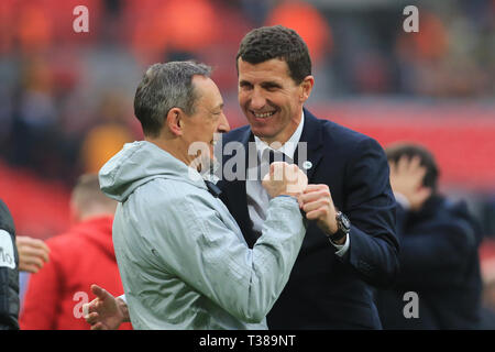 Londres, Royaume-Uni. Apr 7, 2019. Watford Manager Javi Gracia célèbre sa victoire après l'autre demi-finale de la FA Cup match entre Wolverhampton Wanderers et Watford au stade de Wembley, Londres, le dimanche 7 avril 2019. (Crédit : Leila Coker | MI News) usage éditorial uniquement, licence requise pour un usage commercial. Aucune utilisation de pari, de jeux ou d'un seul club/ligue/dvd publications. Crédit : MI News & Sport /Alamy Live News Banque D'Images