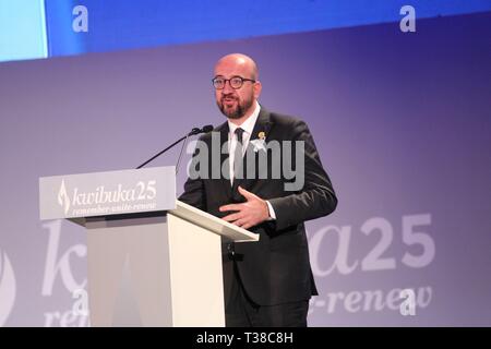 Kigali, Rwanda. Apr 7, 2019. Le Premier ministre belge Charles Michel prononce un discours lors de la cérémonie de commémoration du 25e anniversaire du génocide de 1994, à Kigali, capitale du Rwanda, le 7 avril 2019. Les Rwandais le dimanche a commencé la célébration pour marquer le 25e anniversaire du génocide de 1994 qui a fait plus de 1 millions de morts, essentiellement des Tutsis, avec le Président Paul Kagame appelant à la poursuite des efforts visant à transformer le pays. Credit : Cryril Ndegeya/Xinhua/Alamy Live News Banque D'Images