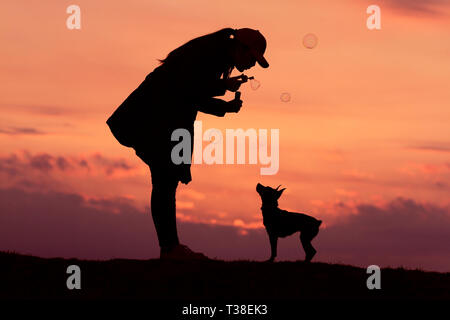 Silhouettes girl and dog au coucher du soleil, des coups de fille bulles, coucher du soleil, incroyable Banque D'Images