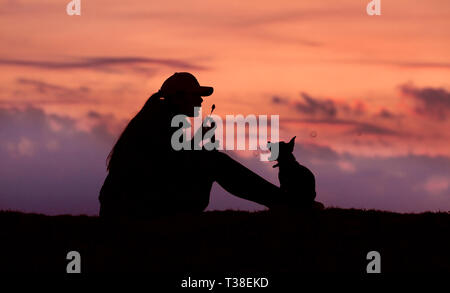 Silhouettes girl and dog au coucher du soleil, des coups de fille bulles, coucher du soleil, incroyable Banque D'Images