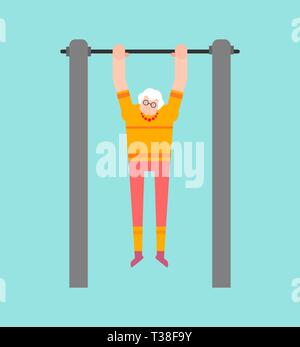 Grand-mère sur barre horizontale. Tirez vers le haut de la rue de grand-mère d'entraînement. Vieille Femme Sport. Pour les aînés de remise en forme Illustration de Vecteur