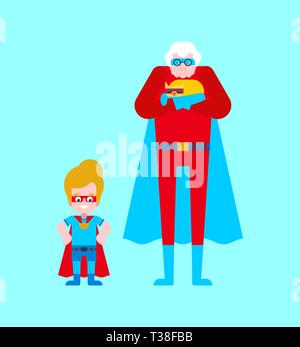 Grand-mère super-héros et son petit-fils. Super Mamie en Cape et masque. Femme de superpuissances. Vector Cartoon style Illustration de Vecteur