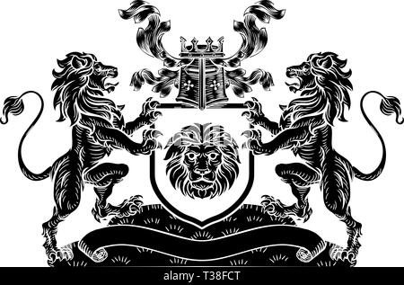 Héraldique Blason de lion Shield Emblème Crest Illustration de Vecteur