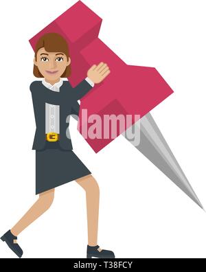 Business Woman Holding Thumb Tack Borne Mascot Illustration de Vecteur