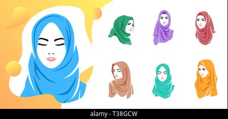 Ensemble de belle femme portant le hijab hijab, l'icône colorée isolés logo Illustration de Vecteur